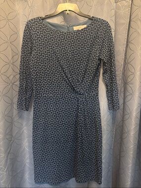 LOFT Navy and White Knot-Front Long Sleeve Dress